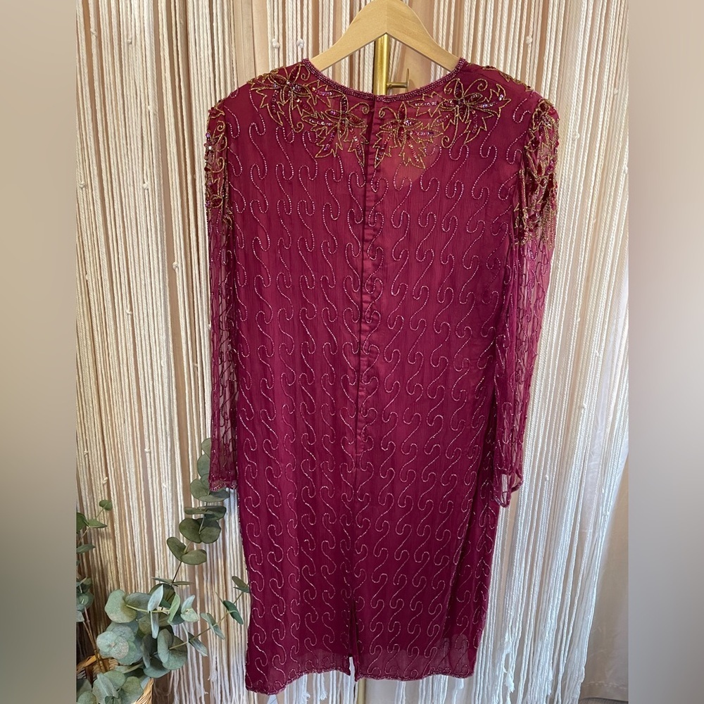 Vintage beaded, burgundy, long-sleeve cocktail sheer overlay dress - Picture 3 of 10